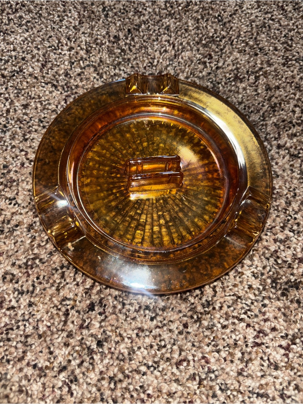 Vintage Marigold Yellow Carnival Glass Ashtray with matchbook holder 70s